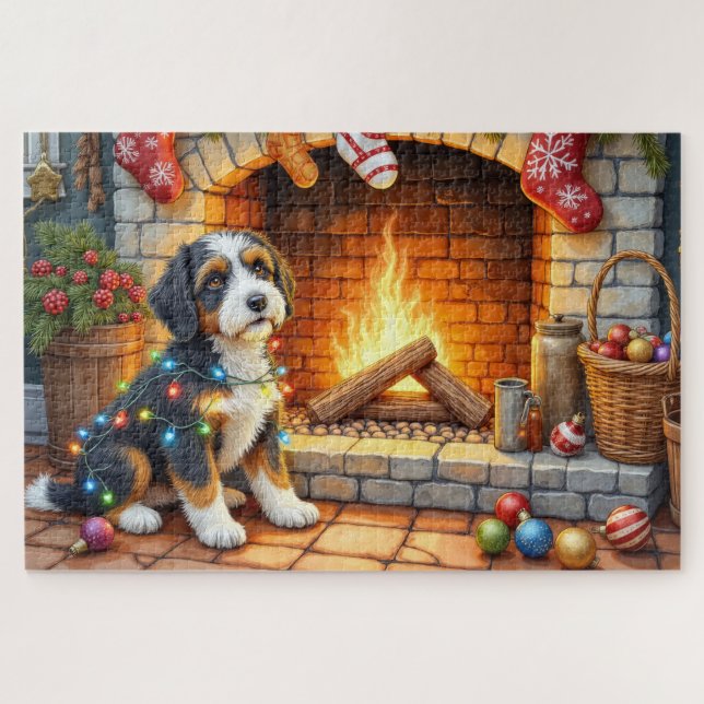 Bernedoodle Fireplace with Christmas Lights Jigsaw Puzzle (Horizontal)