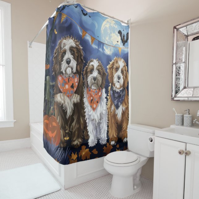Bernedoodle Halloween Spooky Shower Curtain (In Situ)