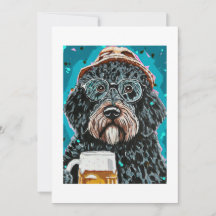 Bernedoodle holding a beer mug