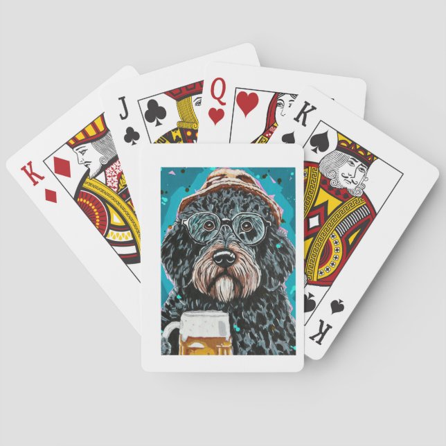 Bernedoodle holding a beer mug playing cards (Back)