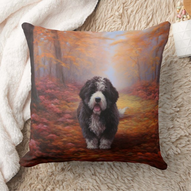 Bernedoodle in Autumn Leaves Fall Inspire  Cushion (Blanket)