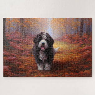 Bernedoodle in Autumn Leaves Fall Inspire  Jigsaw Puzzle