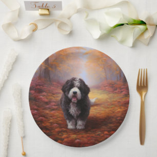 Bernedoodle in Autumn Leaves Fall Inspire Paper Plate