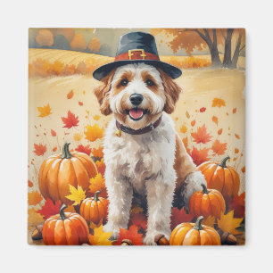 Bernedoodle In Autumn Leaves Thanksgiving Art Magnet