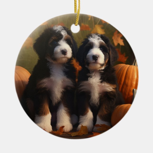 Bernedoodle Puppy Autumn Delight Pumpkin Ceramic Tree Decoration (Front)