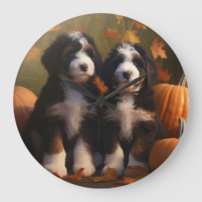 Bernedoodle Puppy Autumn Delight Pumpkin Large Clock (Front)