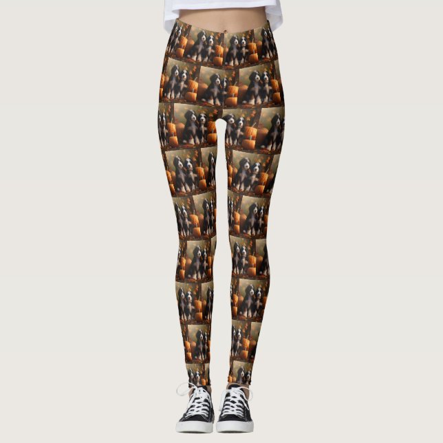 Bernedoodle Puppy Autumn Delight Pumpkin Leggings (Front)