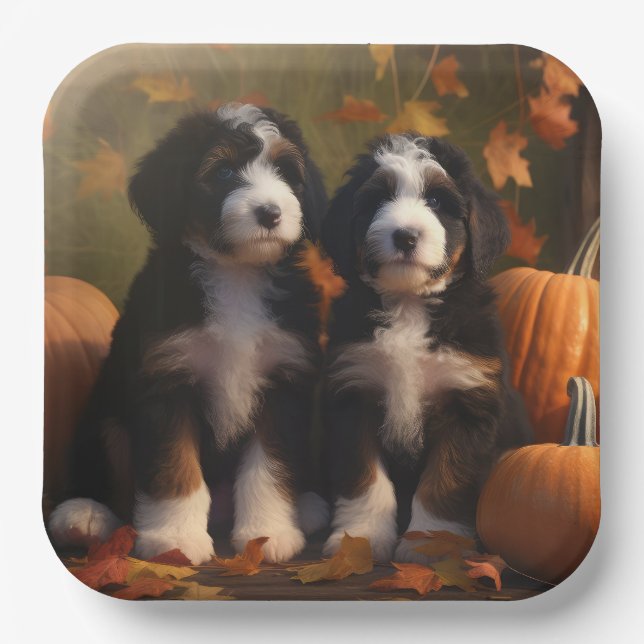 Bernedoodle Puppy Autumn Delight Pumpkin Paper Plate (Front)