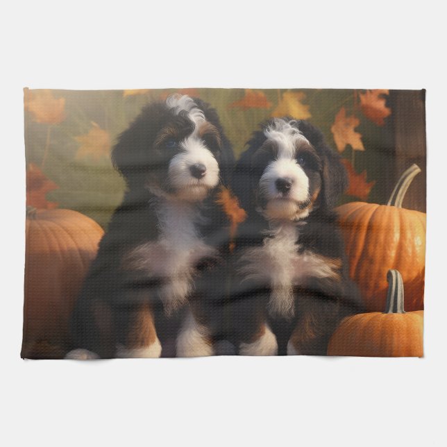 Bernedoodle Puppy Autumn Delight Pumpkin Tea Towel (Horizontal)