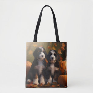 Bernedoodle Puppy Autumn Delight Pumpkin Tote Bag