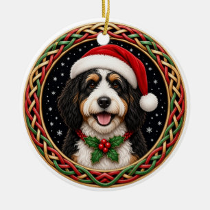 Bernedoodle Santa Hat Celtic Knot Christmas Ceramic Tree Decoration