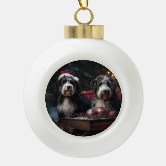 Bernedoodle Snowy Sleigh Christmas Decor   Ceramic Ball Christmas Ornament (Front)