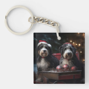 Bernedoodle Snowy Sleigh Christmas Decor   Key Ring