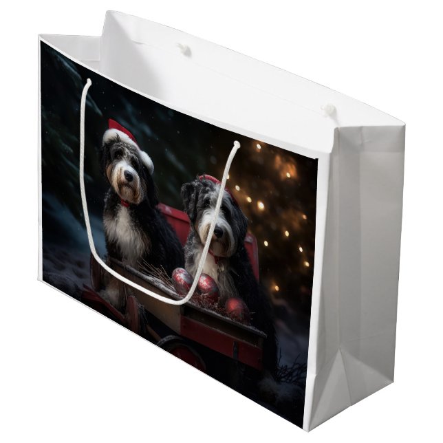 Bernedoodle Snowy Sleigh Christmas Decor   Large Gift Bag (Front Angled)