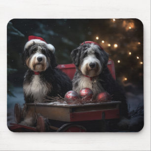 Bernedoodle Snowy Sleigh Christmas Decor Mouse Pad
