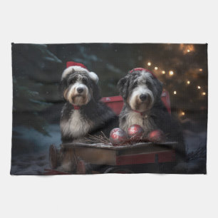 Bernedoodle Snowy Sleigh Christmas Decor   Tea Towel