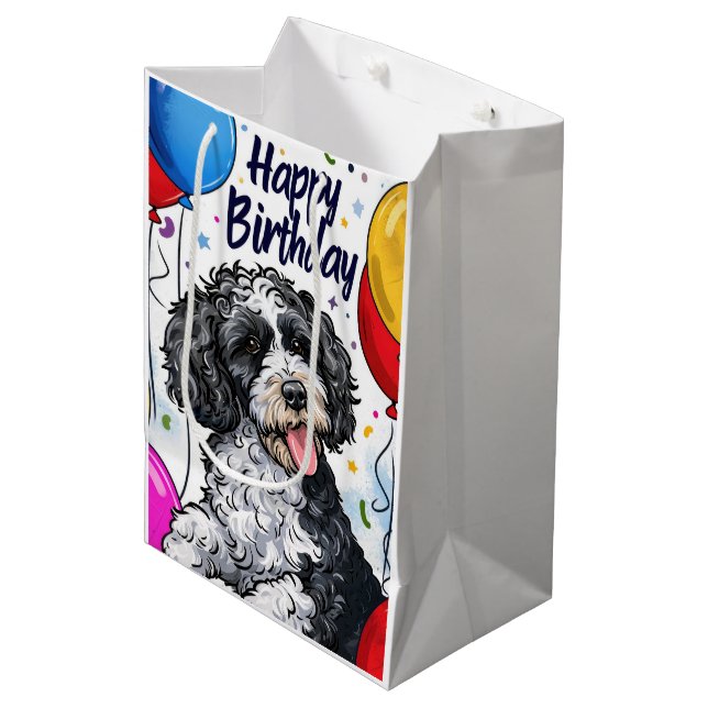 Bernedoodle with Balloons Medium Gift Bag (Front Angled)