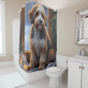 bernedoodle With Christmas Lights Holiday Shower Curtain