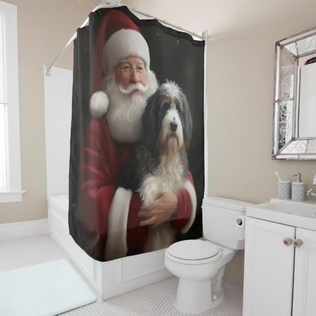 Bernedoodle with Santa Claus Festive Christmas  Shower Curtain (In Situ)
