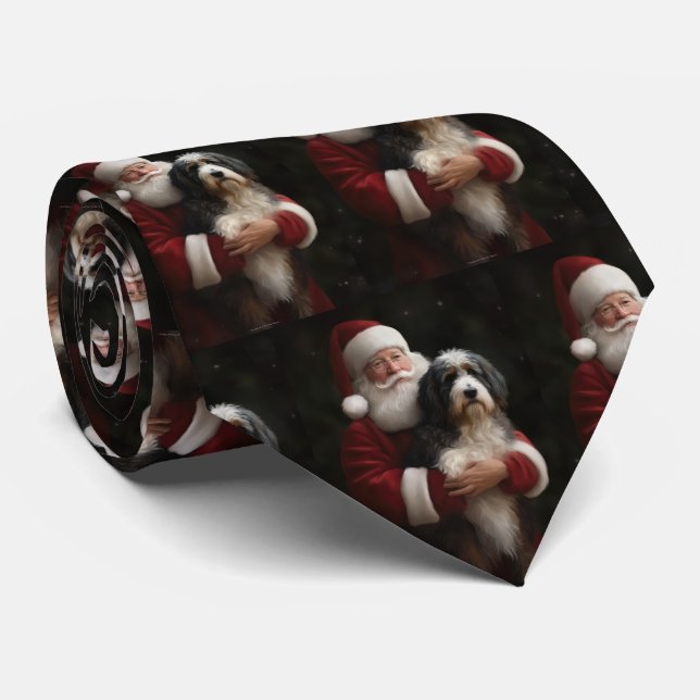 Bernedoodle with Santa Claus Festive Christmas  Tie (Rolled)