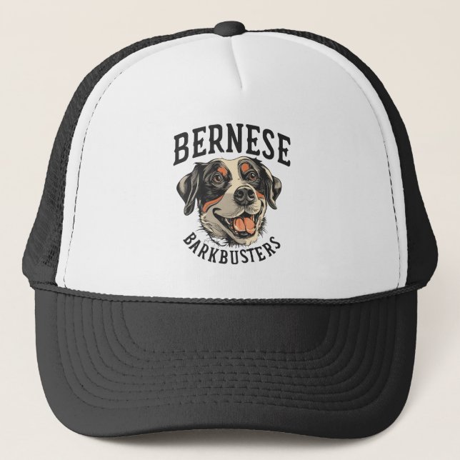 Bernese Barkbusters - Playful Bernese Mountain Dog Trucker Hat (Front)
