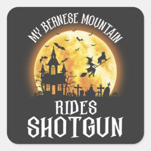 Bernese Dog Rides Shotgun, Halloween Spooky Dog Square Sticker