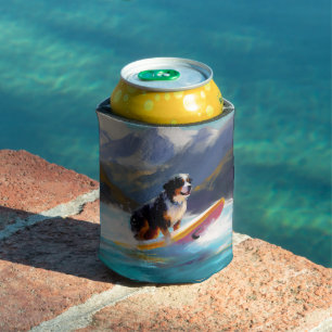 Bernese Mountain Beach Surfing Painting Can Cooler
