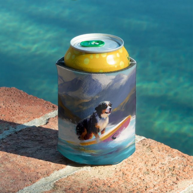 Bernese Mountain Beach Surfing Painting Can Cooler (In Situ Pool)