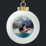 Bernese Mountain Beach Surfing Painting Ceramic Ball Christmas Ornament<br><div class="desc">Immerse yourself in the playful world of canine adventure with this captivating painting. A spirited dog takes to the waves, skilfully riding the surf on a sun-kissed beach. The vibrant artwork beautifully captures the essence of beachside excitement as the dog fearlessly rides the waves, embodying the spirit of fun and...</div>