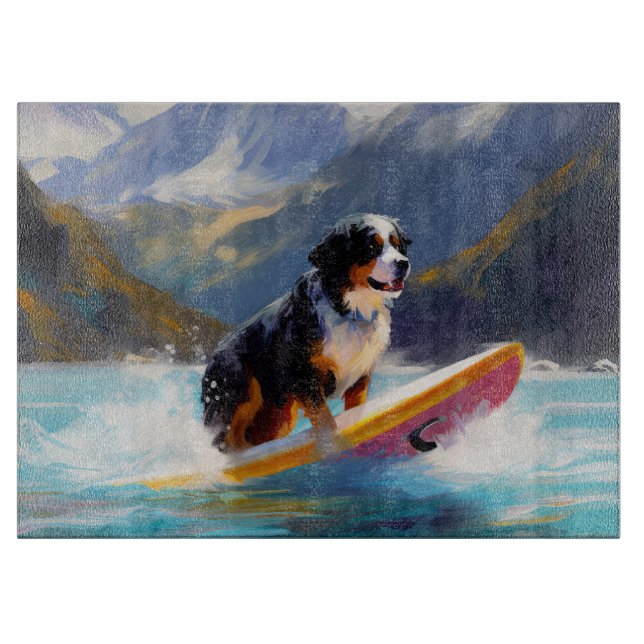 Bernese Mountain Beach Surfing Painting Cutting Board (Front)