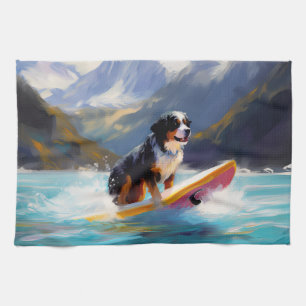 Bernese Mountain Beach Surfing Painting Tea Towel