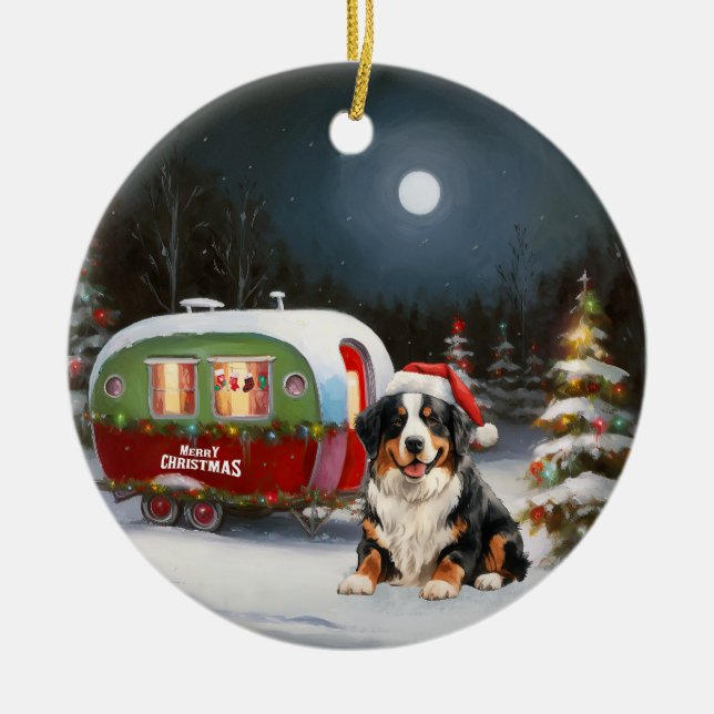 Bernese Mountain Caravan Christmas Adventure Ceramic Tree Decoration (Front)