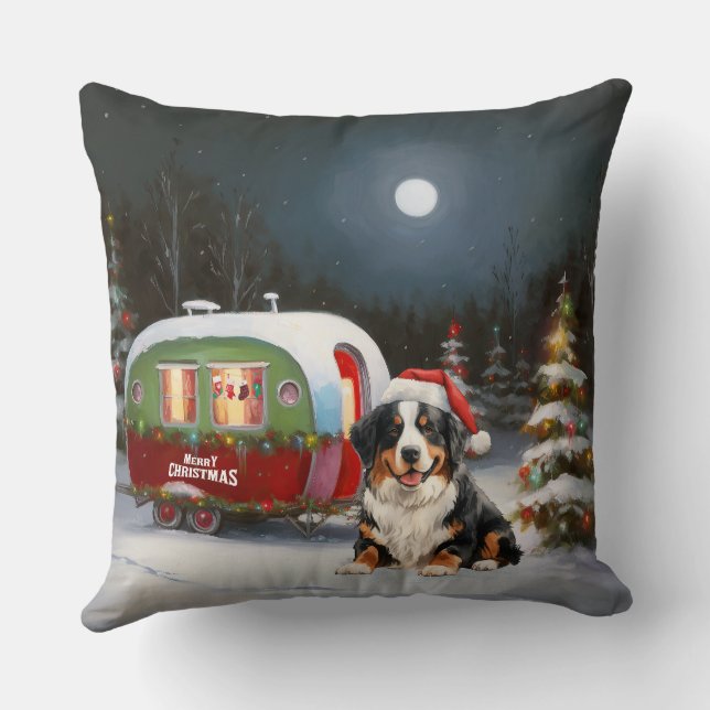 Bernese Mountain Caravan Christmas Adventure Cushion (Back)
