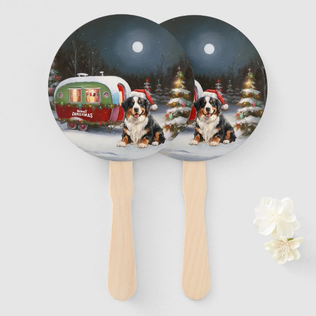 Bernese Mountain Caravan Christmas Adventure Hand Fan (Front and Back)
