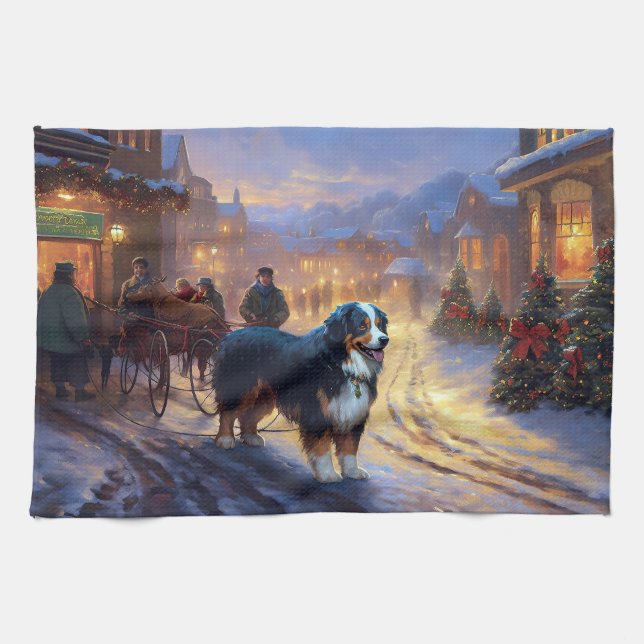 Bernese Mountain Christmas Festive Season Tea Towel (Horizontal)