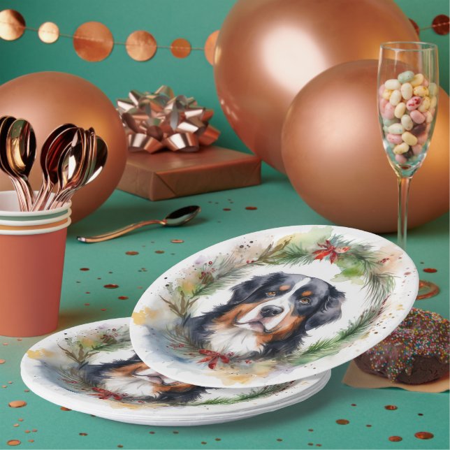 Bernese Mountain Christmas Wreath Festive Pup  Paper Plate (Multi)
