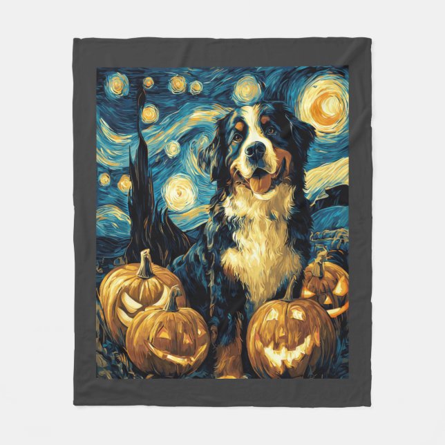 Bernese Mountain Cute Dog Halloween Jack O Lantern Fleece Blanket (Front)