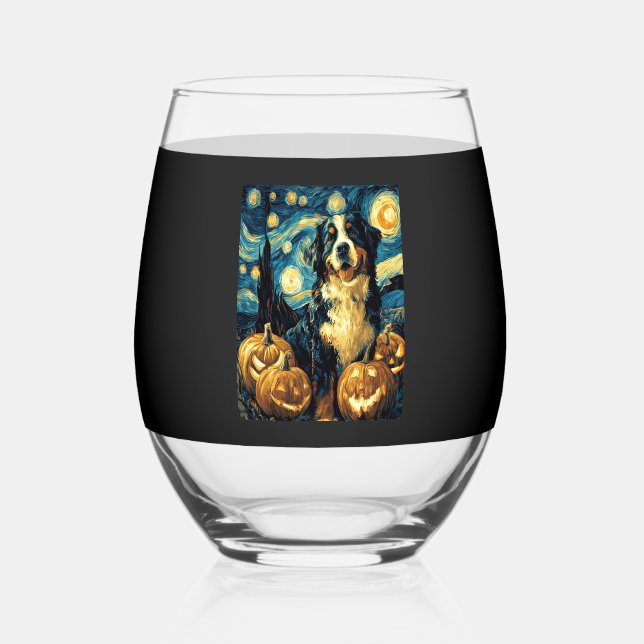 Bernese Mountain Cute Dog Halloween Jack O Lantern Stemless Wine Glass (Front)