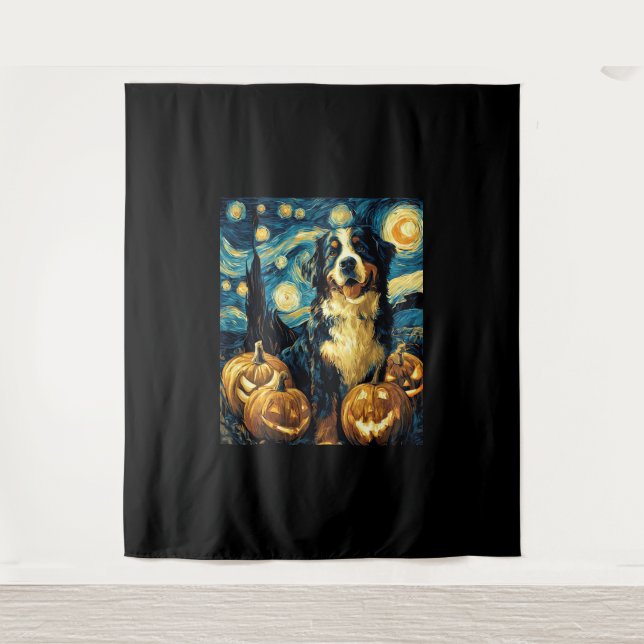 Bernese Mountain Cute Dog Halloween Jack O Lantern Tapestry (Front)