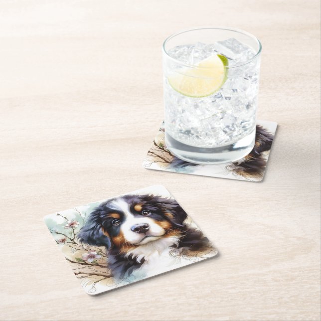 Bernese Mountain Dog AI Puppy  Square Paper Coaster (Insitu)