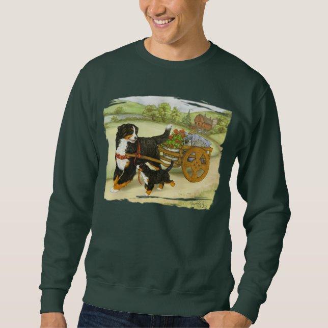 Bernese Mountain Dog and Pup with Cart Sweatshirt (Front)