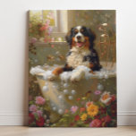 Bernese Mountain Dog Art, Bathroom Art Canvas Print<br><div class="desc">Art featuring a playful Bernese Mountain Dog enjoying a relaxing bath full of bubbles and beautiful flowers. This charming artwork adds a touch of warmth and personality to your space, making it feel more inviting and joyful.</div>