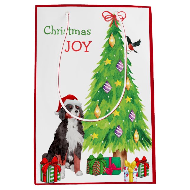 Bernese Mountain Dog, Bird, and Christmas Tree Medium Gift Bag (Front)