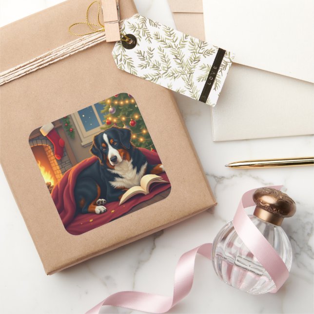 Bernese Mountain Dog Christmas Bedtime Story Square Sticker (Gifting)