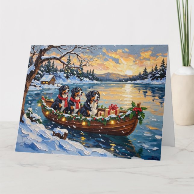 Bernese Mountain Dog Christmas Boat Holiday Card (Front)