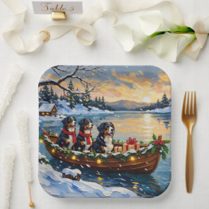 Bernese Mountain Dog Christmas Boat Holiday Paper Plate