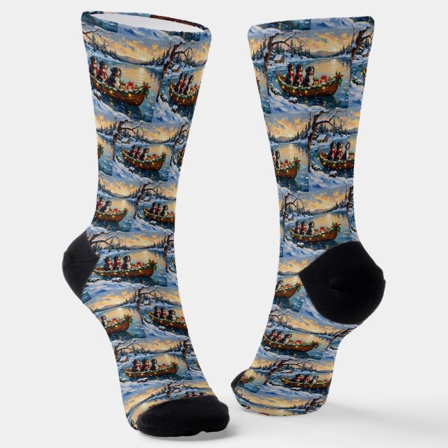 Bernese Mountain Dog Christmas Boat Holiday Socks (Angled)