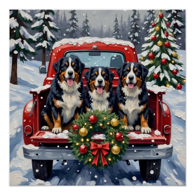 Bernese Mountain Dog Christmas Red Truck Holiday Poster (Front)