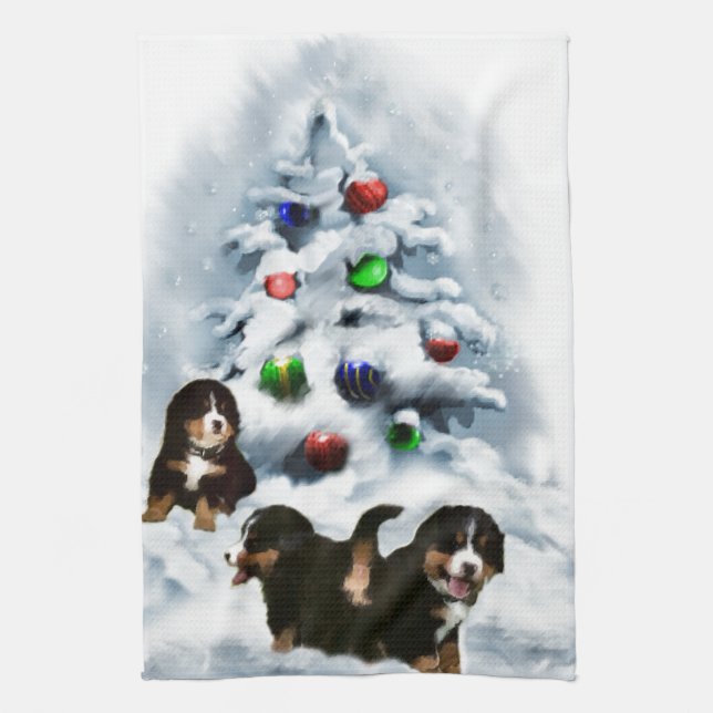 Bernese Mountain Dog Christmas Tea Towel (Vertical)