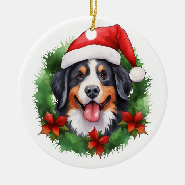Bernese Mountain Dog Christmas Wreath Ceramic Tree Decoration (Front)